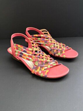 Naturalizer Womens Elastic Sandals 8.5 Pink/Rainbow Slingback Wedge